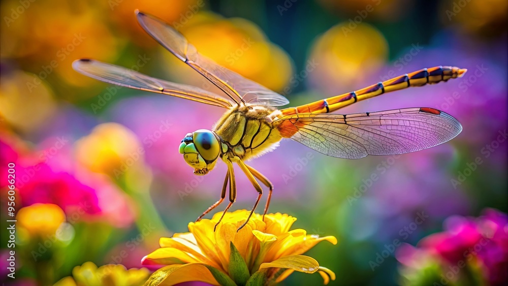 Close-up of a vibrant yellow dragonfly hovering above a colorful flower in a garden setting Close-up of a vibrant yellow dragonfly hovering above a colorful flower in a garden setting