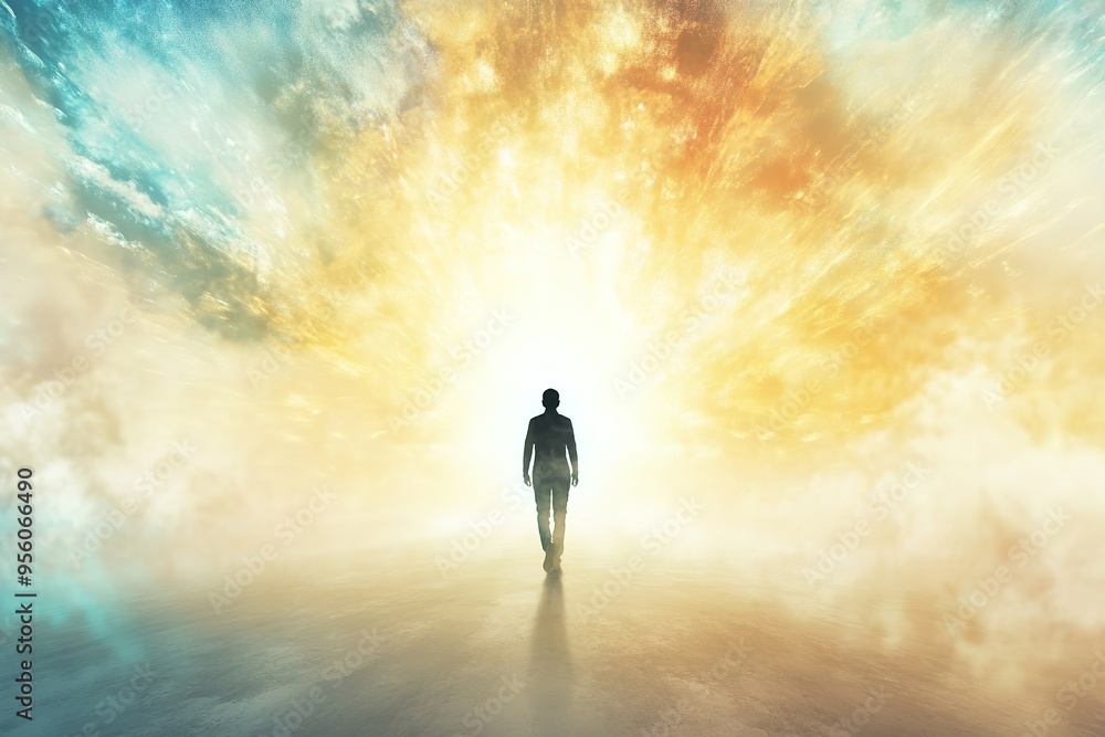 Fototapeta premium Person walking towards light in surreal dreamscape