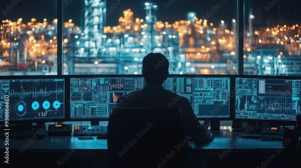 A worker in a refinery control room monitoring operations on multiple screens A worker in a refinery control room monitoring operations on multiple screens