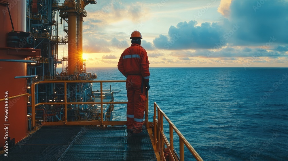 A worker standing on a platform of an oil rig, looking out over the ocean A worker standing on a platform of an oil rig, looking out over the ocean