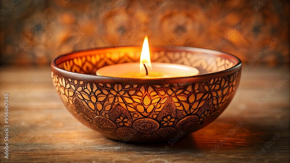 Close-up shot of a flickering candle inside a decorative bowl Close-up shot of a flickering candle inside a decorative bowl