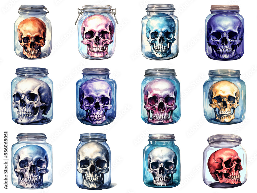 Collection of Skulls Encased in Glass Jars Collection of Skulls Encased in Glass Jars