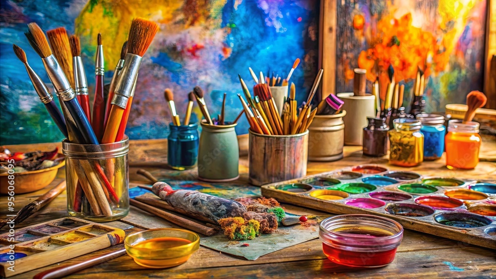 Vibrant artist's workspace filled with brushes and paints Vibrant artist's workspace filled with brushes and paints