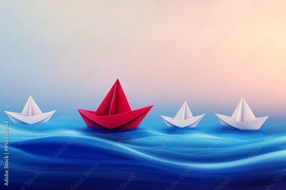 Red paper boat is sailing in the sea waves with three white paper boats, leadership, teamwork concept Red paper boat is sailing in the sea waves with three white paper boats, leadership, teamwork concept