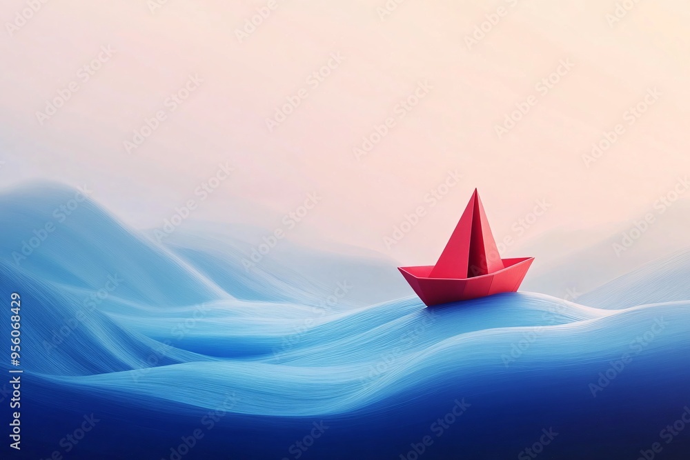 A red paper boat is sailing through the ocean waves, symbolizing the struggle and never giving up, minimalist illustration A red paper boat is sailing through the ocean waves, symbolizing the struggle and never giving up, minimalist illustration