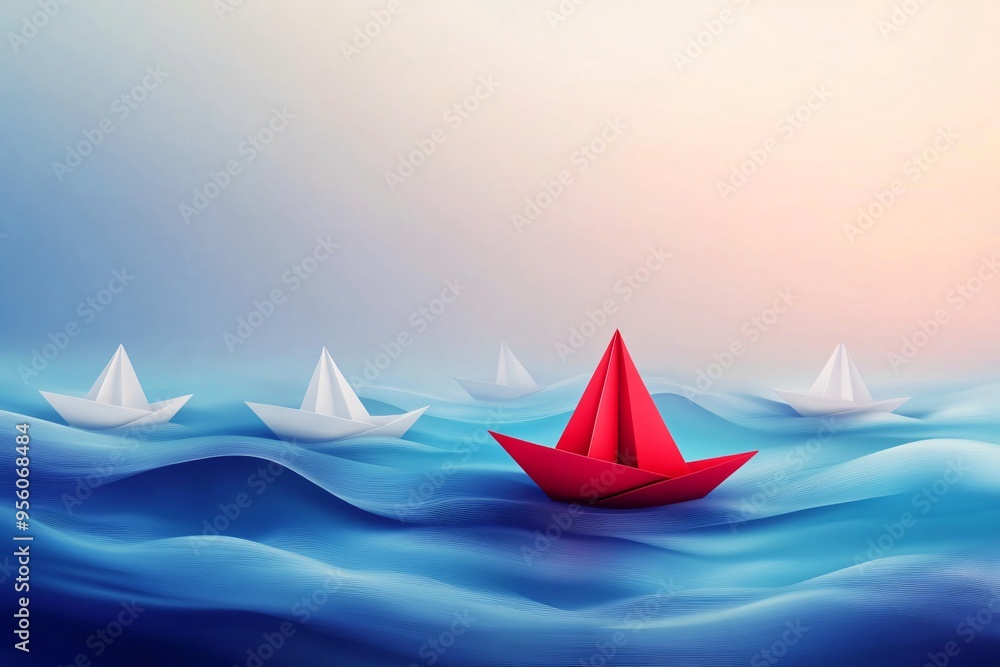 A red paper boat is sailing in the sea waves with four white paper boats, represent leadership A red paper boat is sailing in the sea waves with four white paper boats, represent leadership
