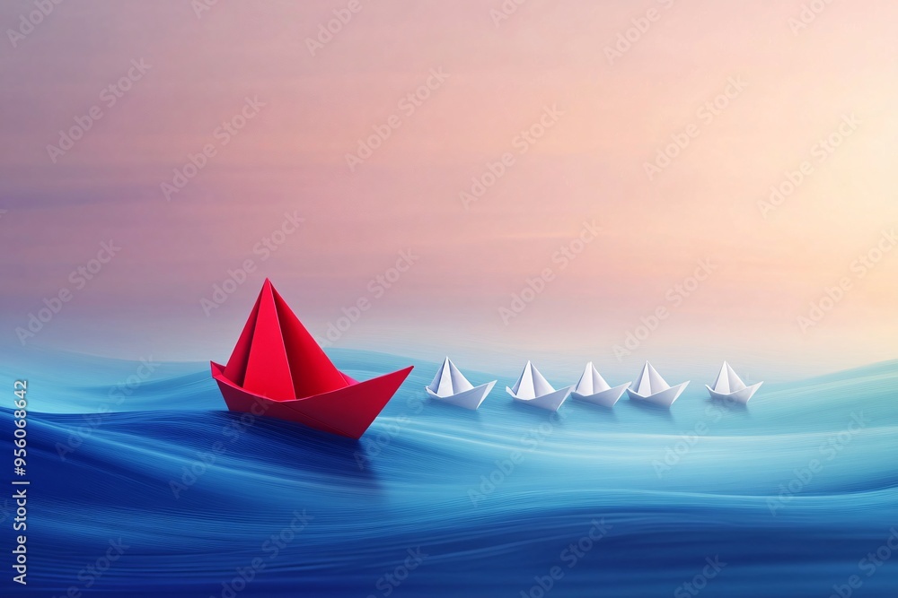 A red paper boat is sailing through the waves of the sea, with five white paper boats following behind, representing leadership, teamwork concept A red paper boat is sailing through the waves of the sea, with five white paper boats following behind, representing leadership, teamwork concept