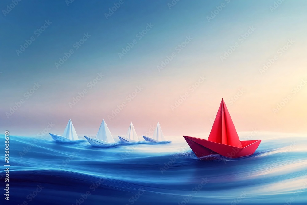 A red paper boat is sailing through the waves of the sea with four white paper boats following behind, representing leadership, goal, teamwork A red paper boat is sailing through the waves of the sea with four white paper boats following behind, representing leadership, goal, teamwork