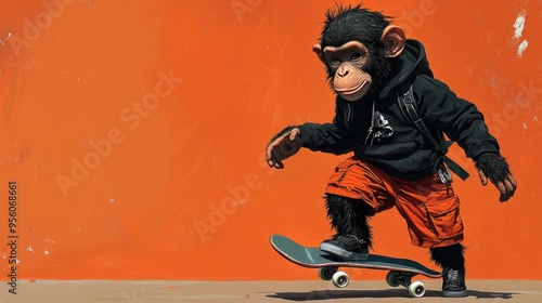 Chimpanzee dressed as a skater is holding a skateboard