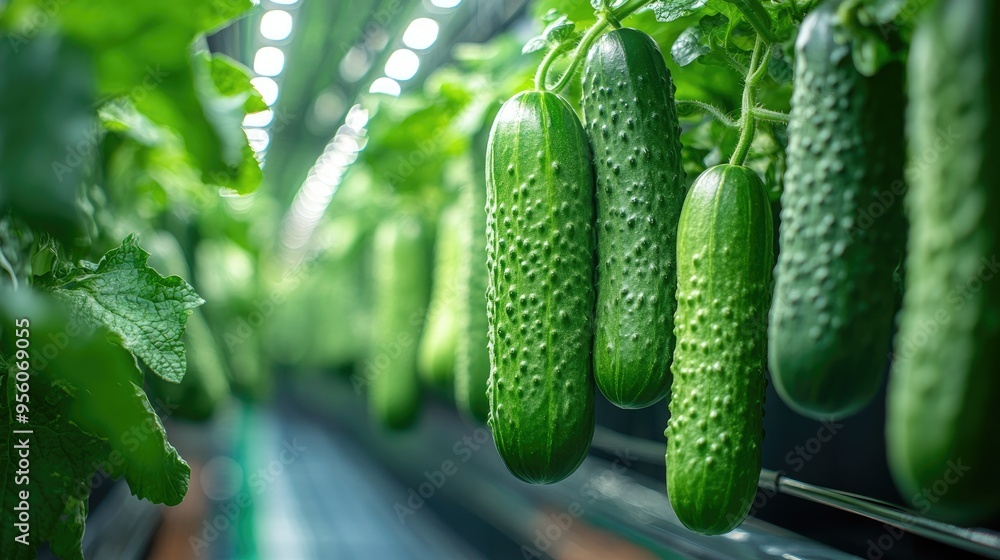 Cucumbers growing under sun in greenhouse Cucumbers growing under sun in greenhouse