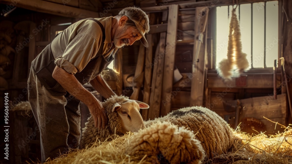 An elderly man tends to his sheep in a rustic barn filled with hay, showcasing a serene rural lifestyle and bond with animals. An elderly man tends to his sheep in a rustic barn filled with hay, showcasing a serene rural lifestyle and bond with animals.