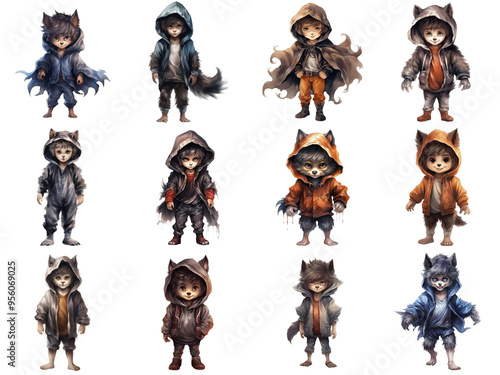 Anthropomorphic Wolf Children in Various Outfits