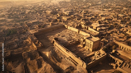 Aerial view of the ancient city of Nineveh, with the ruins of ancient walls and buildings photo