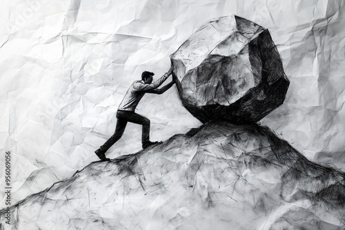 Simple sketch of a businessman push a large boulder up a hill, symbolizing overcoming obstacles, goal, perseverance, leadership photo