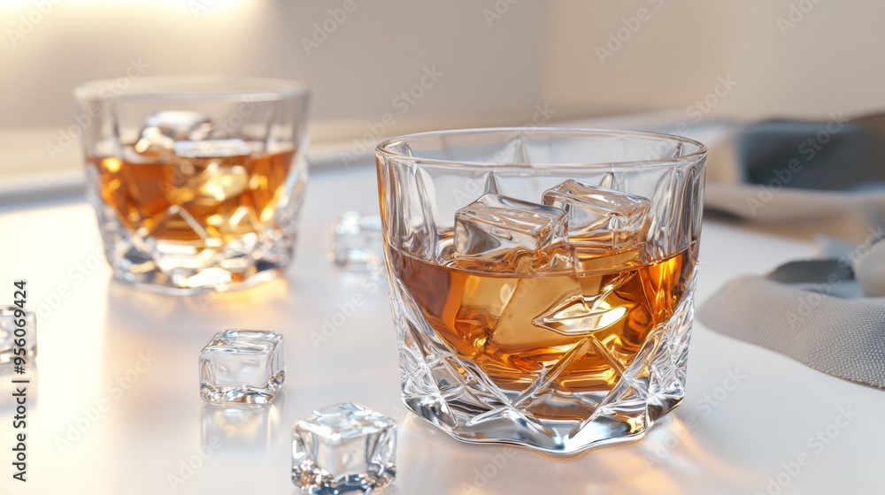 Whisky glasses with ice cubes on a white background, Whisky glasses with ice cubes on a white background,