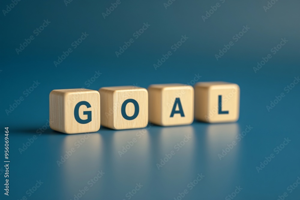 Wooden cubes spelling the word GOAL, on a blue background Wooden cubes spelling the word GOAL, on a blue background