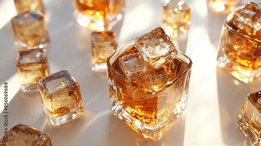 Whisky glasses with ice cubes on a white background, Whisky glasses with ice cubes on a white background,