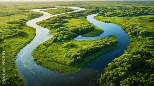 Aerial view of the Mesopotamian Marshes, with lush green landscapes and winding waterways