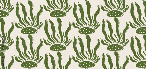 Seaweed, Ocean plant seamless pattern. Pastel boho background in minimalist. Suit for presentation, backgrounds, wallpapers, textile, and fashion.