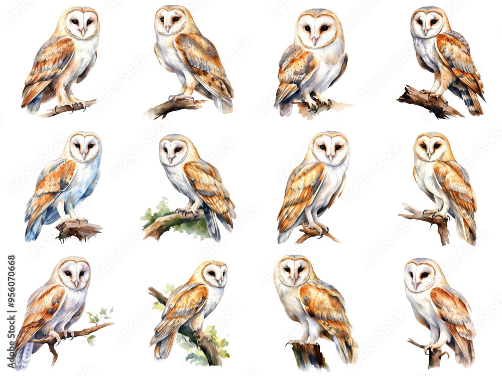 Obraz premium Watercolor Illustration of Twelve Barn Owls Perched on Branches
