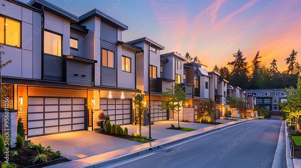 A row of townhouses in a contemporary complex at dusk A row of townhouses in a contemporary complex at dusk