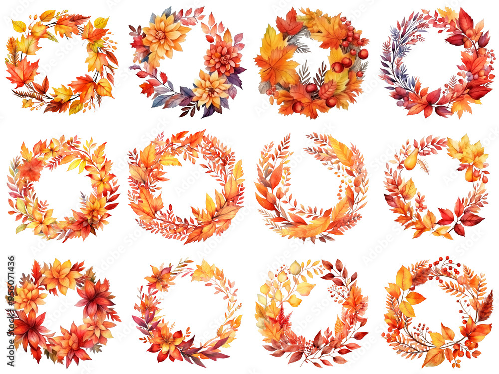 Watercolor Autumn Wreath Collection with Leaves, Berries, and Flowers Watercolor Autumn Wreath Collection with Leaves, Berries, and Flowers