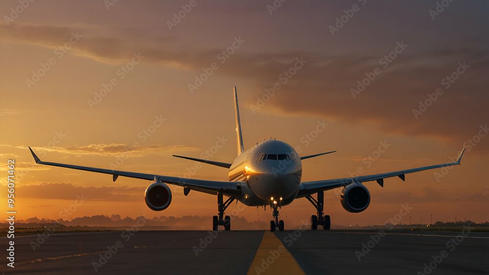 Plane on the Runway at Sunset, Scenic View with Golden Skies Plane on the Runway at Sunset, Scenic View with Golden Skies