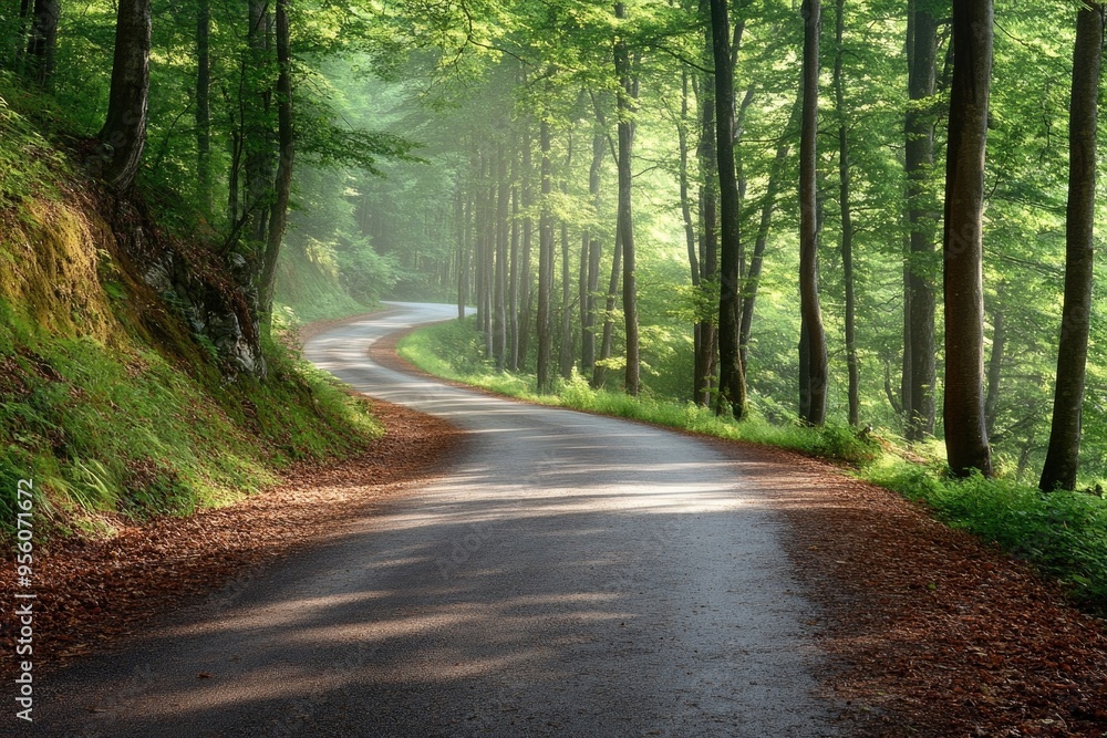 Naklejka premium Winding forest road through lush green trees.