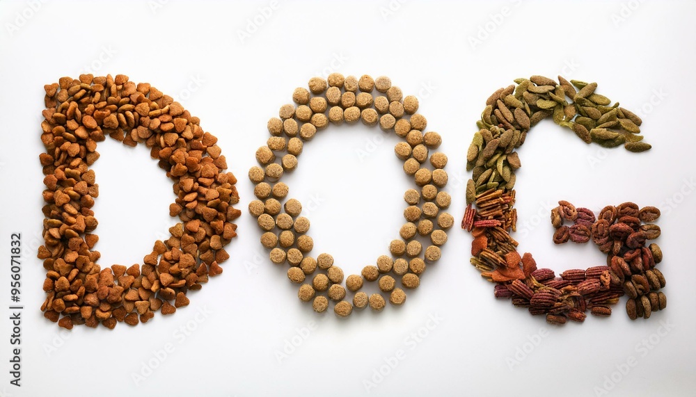 Dry food in shape word dog isolated on white background, top view Dry food in shape word dog isolated on white background, top view