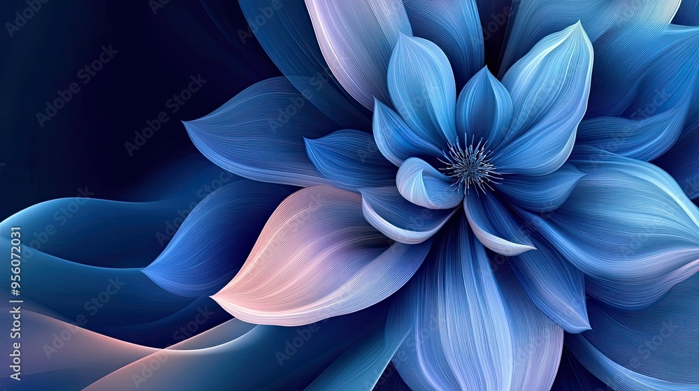 Blue abstract flower with flowing, curved lines and gradients, designed as a serene and modern background. Blue abstract flower with flowing, curved lines and gradients, designed as a serene and modern background.
