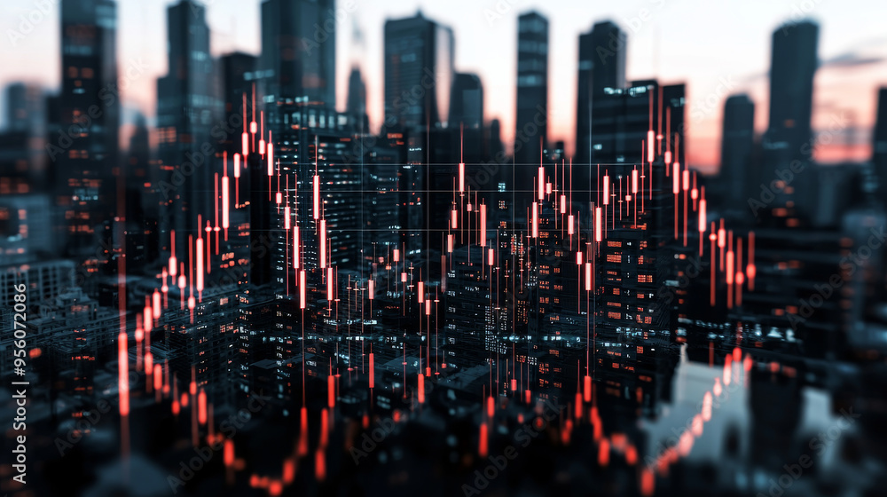 Stock market bar chart letting see a modern city business center in background representing finance investment and trading concept Stock market bar chart letting see a modern city business center in background representing finance investment and trading concept