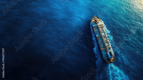 Bird's eye view of an LPG tanker ship transporting oil and gas in the deep blue ocean