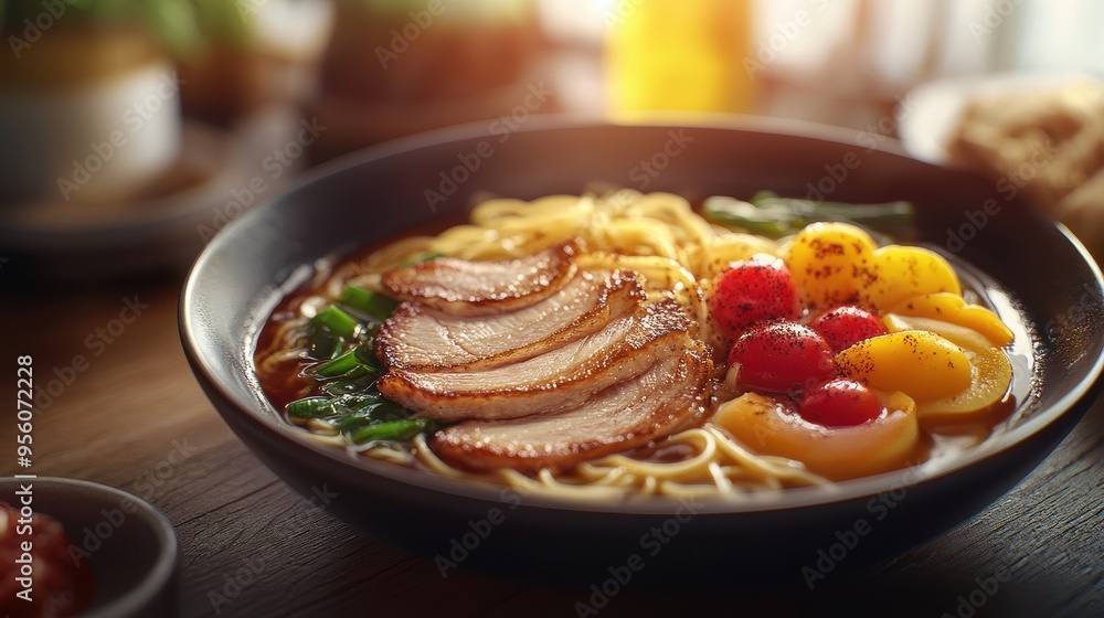 Close-up of a bowl of noodles with meat, tomatoes, and yellow fruit. Close-up of a bowl of noodles with meat, tomatoes, and yellow fruit.
