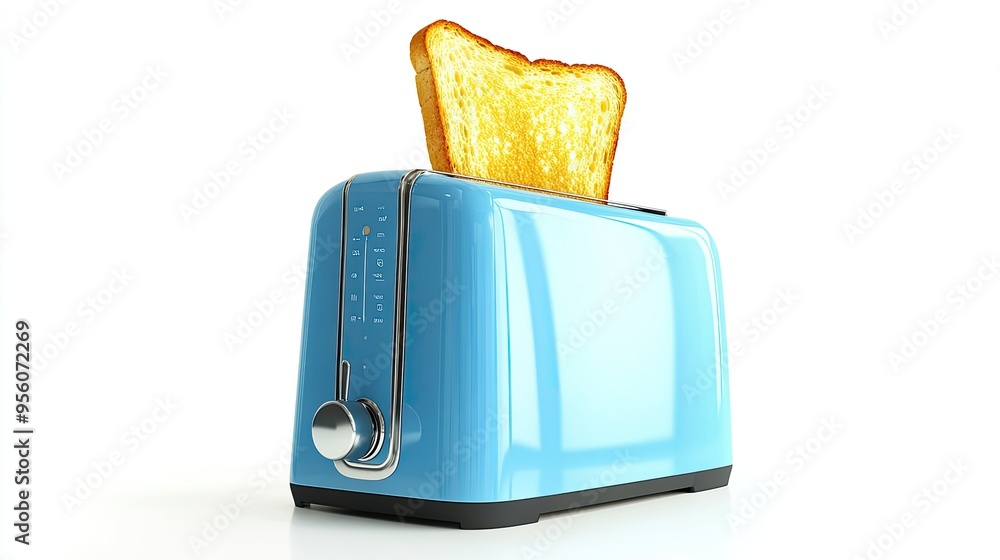 Blue toaster with toasted bread popping up, isolated on white, showing a sleek design perfect for a modern kitchen Blue toaster with toasted bread popping up, isolated on white, showing a sleek design perfect for a modern kitchen