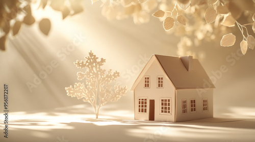 Real estate concept image with a house made out of white paper cutout with soft warm lighting and copy space background