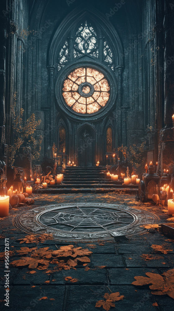 A dark room with a large clock in the center. The room is lit by candles and has a spooky atmosphere A dark room with a large clock in the center. The room is lit by candles and has a spooky atmosphere