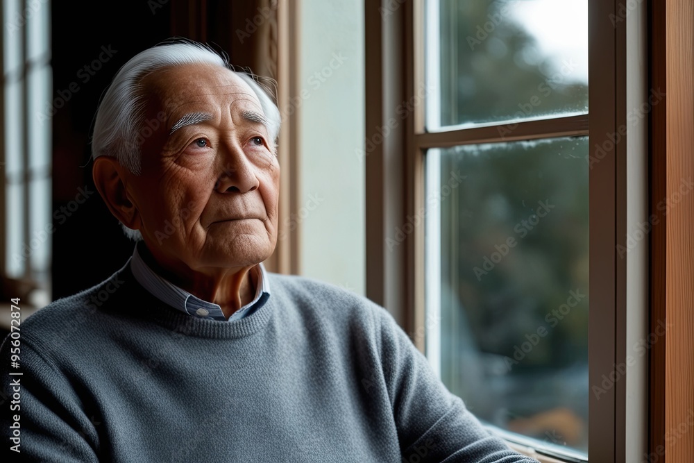 Contemplative Elderly Man in Gray Sweater Looking Out Window Contemplative Elderly Man in Gray Sweater Looking Out Window