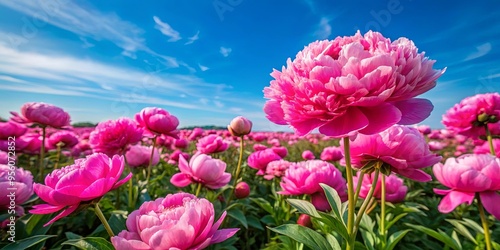 Fototapeta Naklejka Na Ścianę i Meble -  Vibrant field of pink peonies blooming under clear blue sky