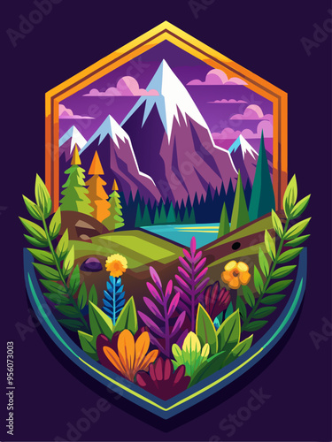 A Mountainous Landscape Framed by Lush Greenery and Flowers
