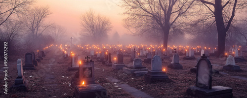 A cemetery at dusk with many graves lit up. Scene is eerie and solemn photo