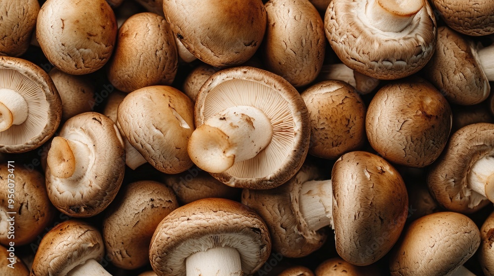 Close-up of fresh champignon mushrooms, creating a textured background of white and brown caps Close-up of fresh champignon mushrooms, creating a textured background of white and brown caps