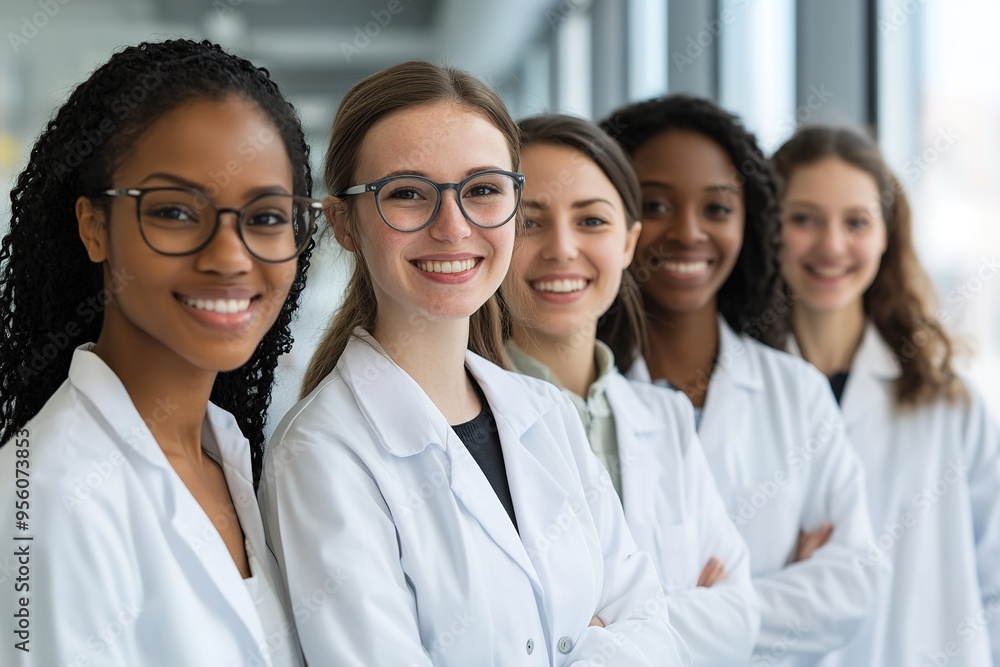Diverse female medical team smiling confidently Diverse female medical team smiling confidently