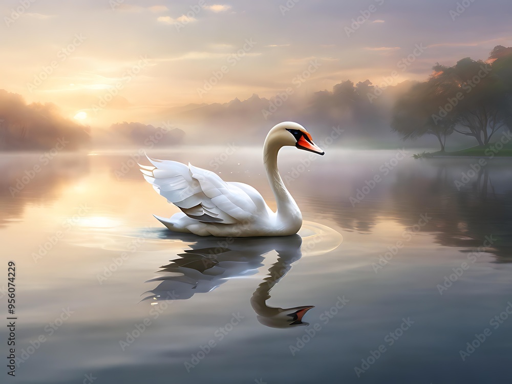 Graceful swan gliding across a tranquil lake at dawn, with soft reflections on the water and a misty background. Graceful swan gliding across a tranquil lake at dawn, with soft reflections on the water and a misty background.