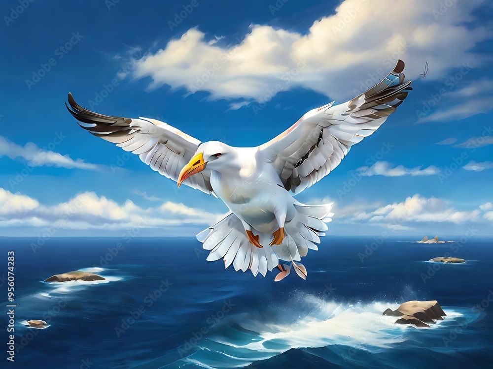 Majestic albatross soaring above the ocean, with wings spread wide, against a backdrop of clear blue skies and calm seas. Majestic albatross soaring above the ocean, with wings spread wide, against a backdrop of clear blue skies and calm seas.