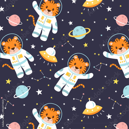 Seamless tiger astronaut pattern in the space. Vector illustration for kids.