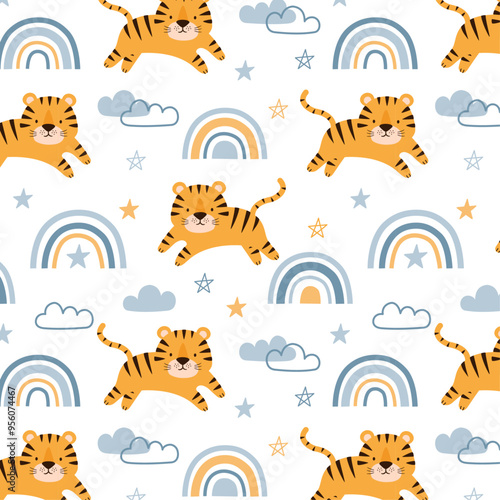Seamless Cute hand drawn tiger pattern in the sky with rainbow cloud. Vector illustration for kids.