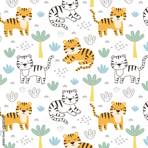 Vector hand drawn seamless pattern with cute tiger animals isolated on white background. Childish texture for fabric wrapping textile wallpaper. 