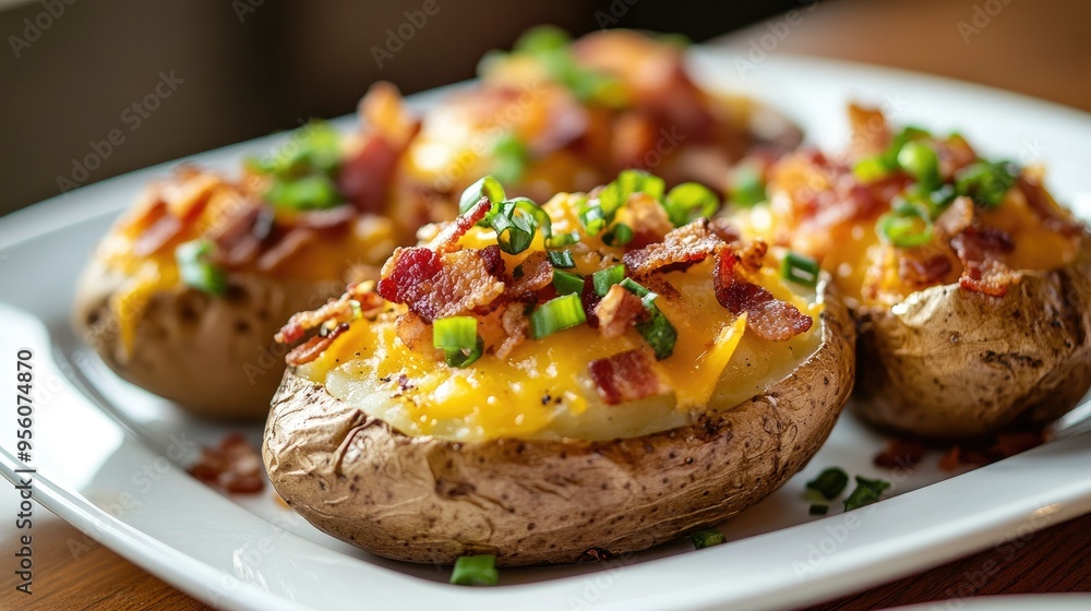 Detailed view of baked potatoes topped with crispy bacon, cheese, and fresh green onions, served on a clean white plate. Detailed view of baked potatoes topped with crispy bacon, cheese, and fresh green onions, served on a clean white plate.