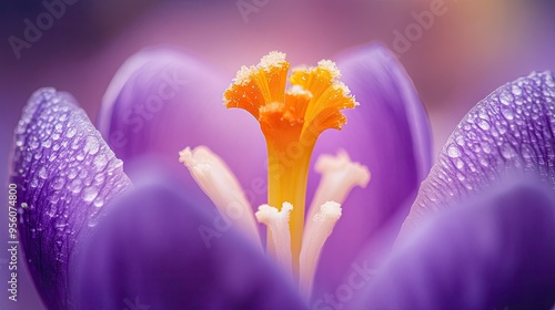Detailed macro shot of the center of a purple crocus flower, focusing on its delicate stigma and pollen with soft lighting.