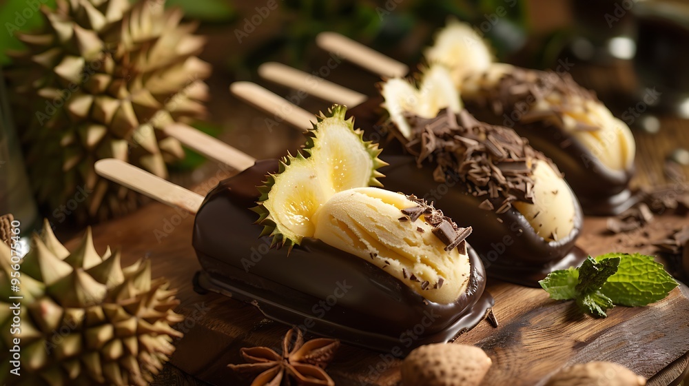 Gourmet treat durian ice cream bar covered in chocolate food and beverage theme Gourmet treat durian ice cream bar covered in chocolate food and beverage theme